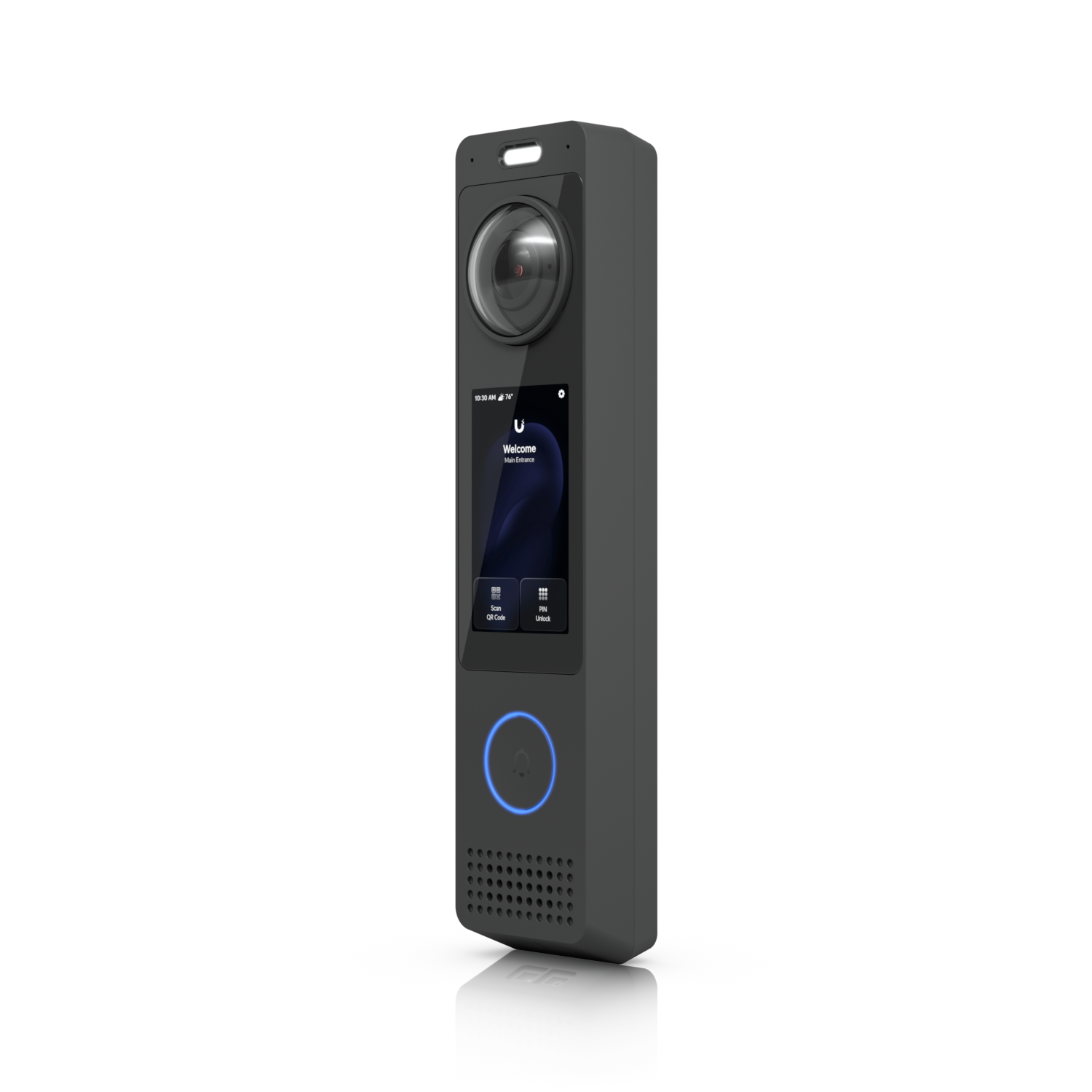 UniFi G6 Pro Entry 4K fisheye security camera with wide-angle lens, touchscreen display, and NFC reader — commercial-grade surveillance hardware with no monthly cloud fee, installed by Alpine IT in Colorado Springs, CO