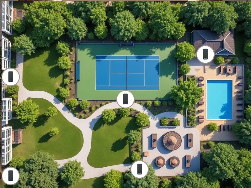 Aerial view of a multi-family apartment complex with amenities including a pool, tennis courts, and outdoor seating areas — showing wireless access point coverage zones for property-wide Wi-Fi, security cameras, and access control deployment by Alpine IT in Colorado Springs, CO