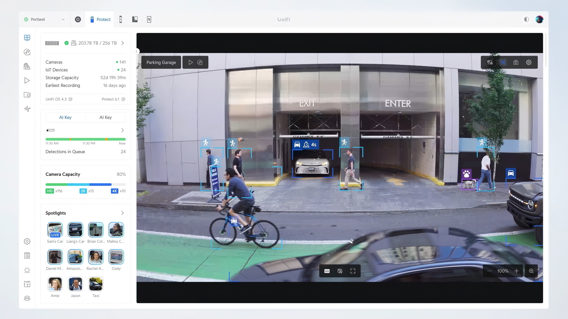 UniFi Protect AI detection in action — real-time person and vehicle tracking with bounding boxes on a commercial property entrance. Properly configured AI reduces false alerts from hundreds per night to the handful that actually matter. Installed by Alpine IT in Colorado Springs, CO.