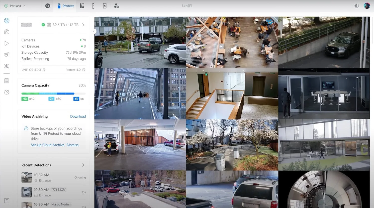 UniFi Protect security camera management dashboard showing live multi-camera view across a commercial property — AI-powered object detection, vehicle tracking, and person recognition, installed and monitored by Alpine IT in Colorado Springs, CO