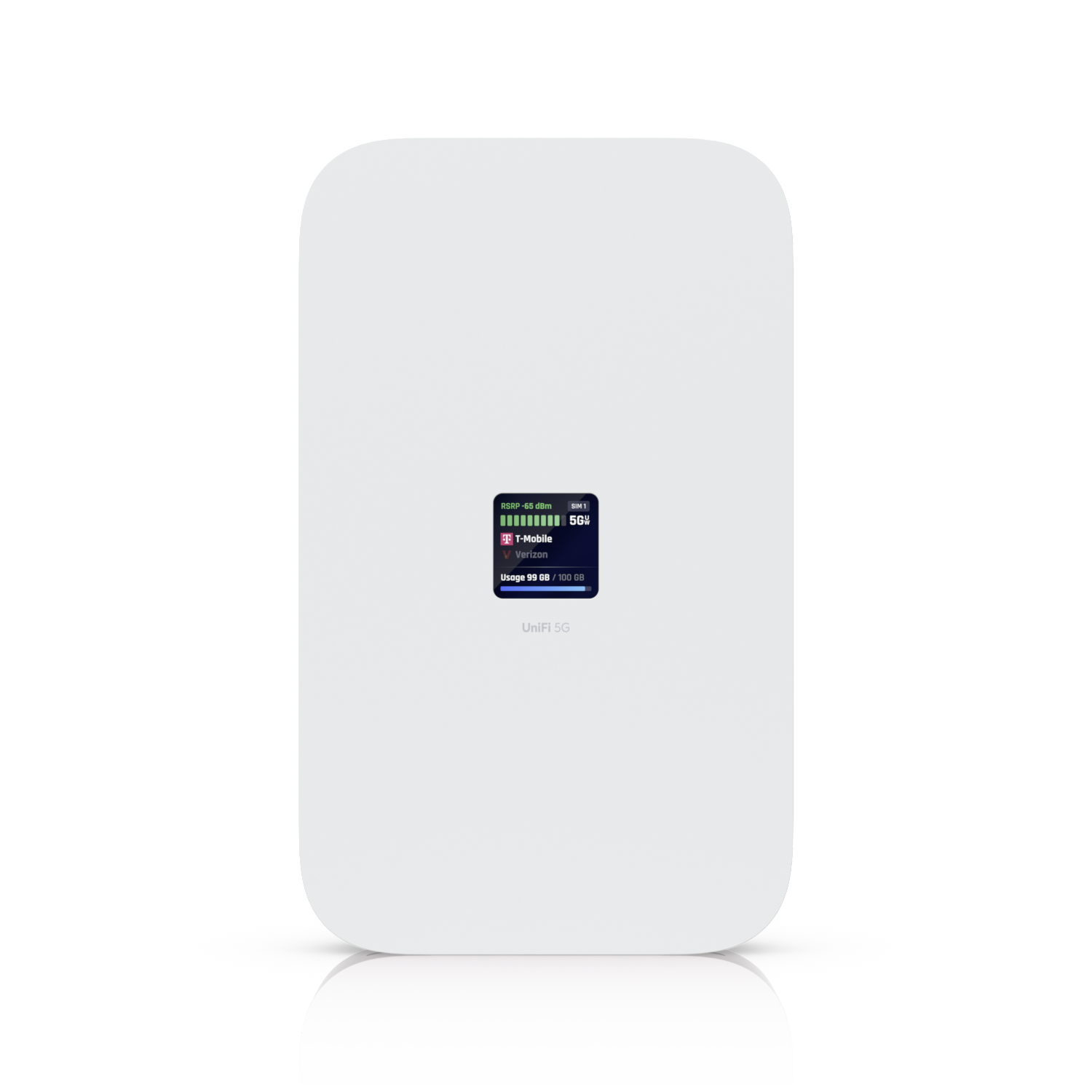 UniFi U5G Max — wall-mounted 5G cellular backup internet device showing live T-Mobile 5G signal and connection status on built-in display. Supports dual nano-SIM for carrier diversity, installed by Alpine IT in Colorado Springs, CO.