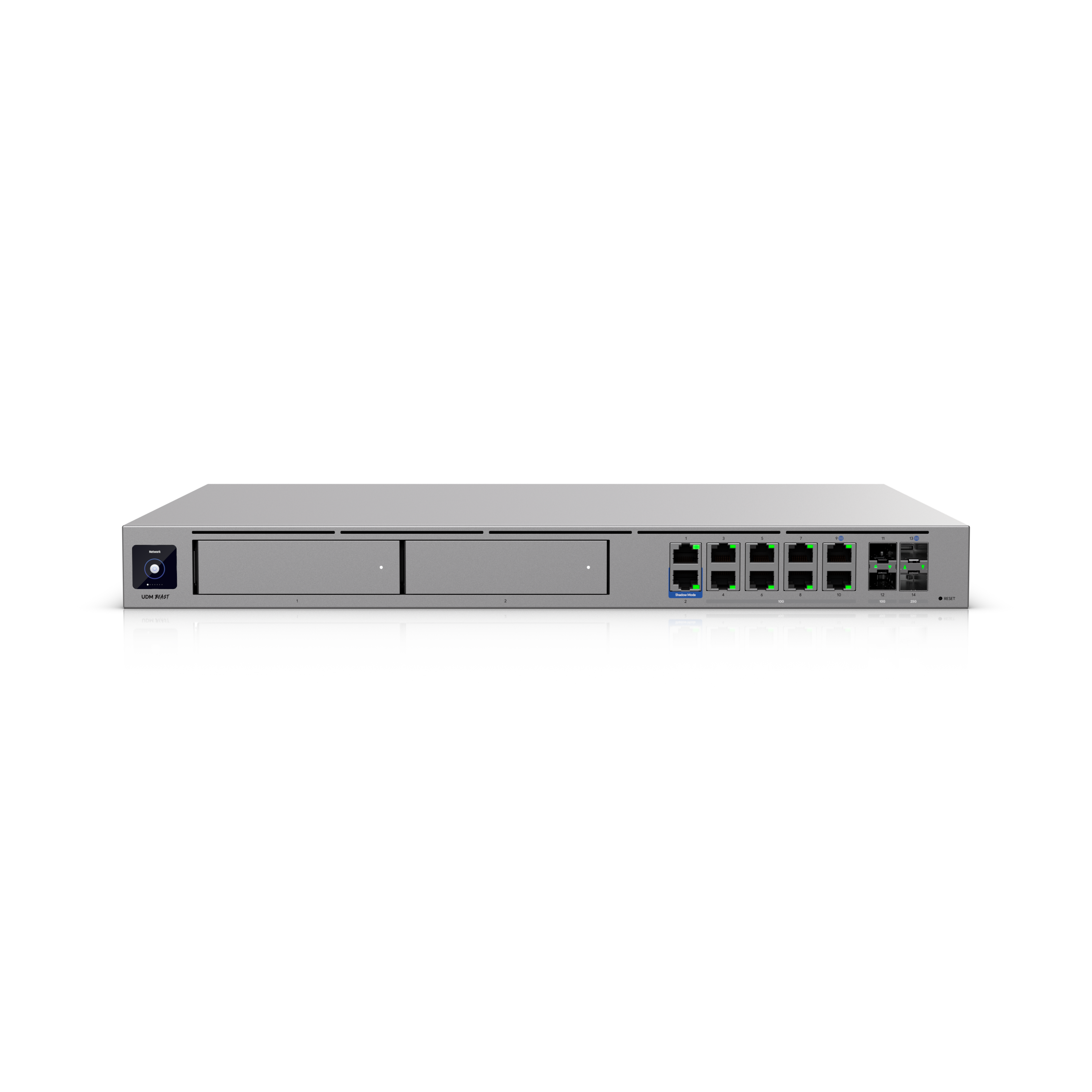 UniFi Dream Machine Beast front panel — dual HDD bays on the left for on-site NVR camera storage, 8-port 2.5G PoE switch and dual 10G SFP+ uplink ports on the right, with the UDM Beast label visible. Rack-mountable 1U enterprise gateway by Ubiquiti.