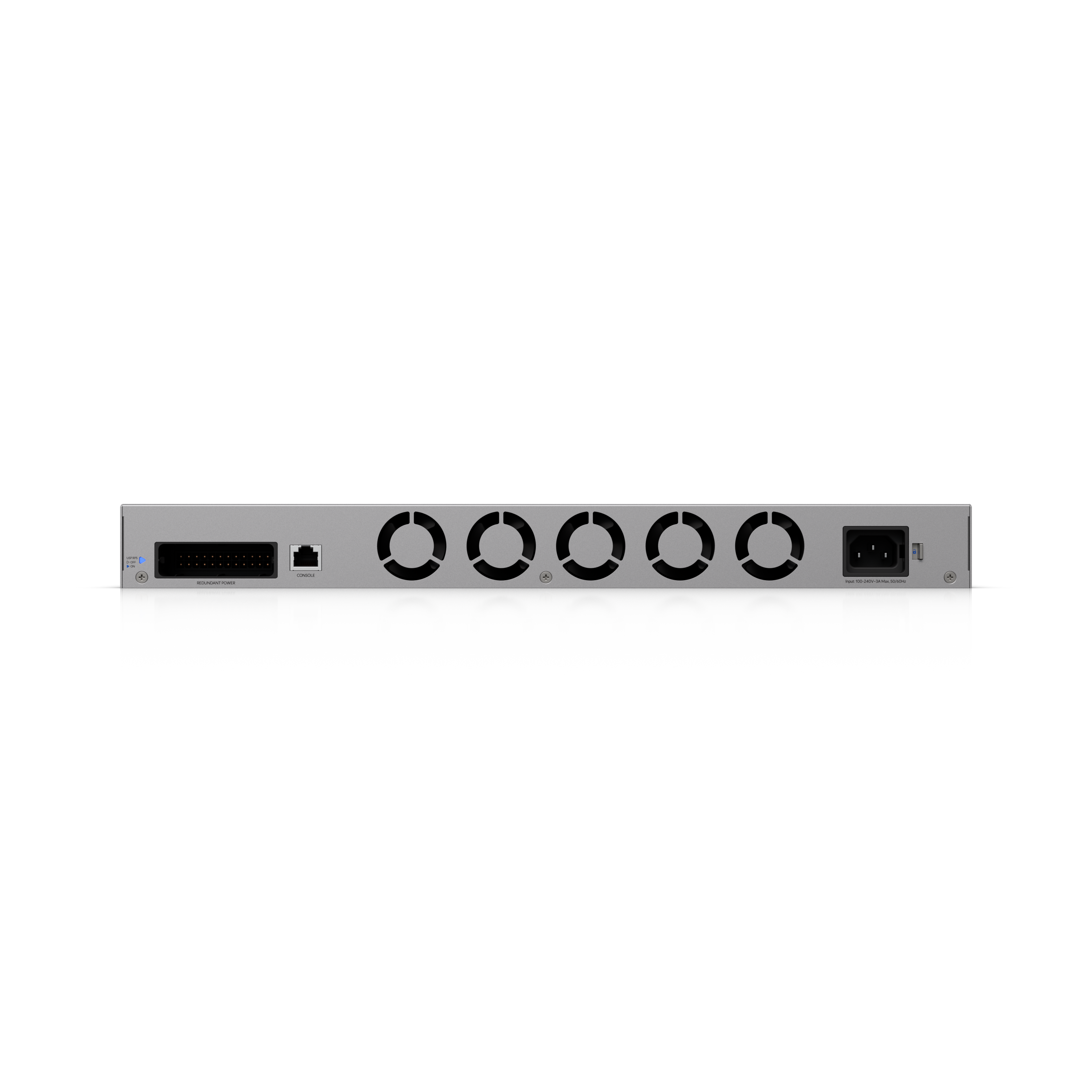 UniFi Dream Machine Beast rear panel — showing dual 10G SFP+ WAN ports, management ethernet port, and dual cooling fan arrays for continuous rack operation. Rear connectivity layout of the Ubiquiti UDM Beast enterprise gateway.