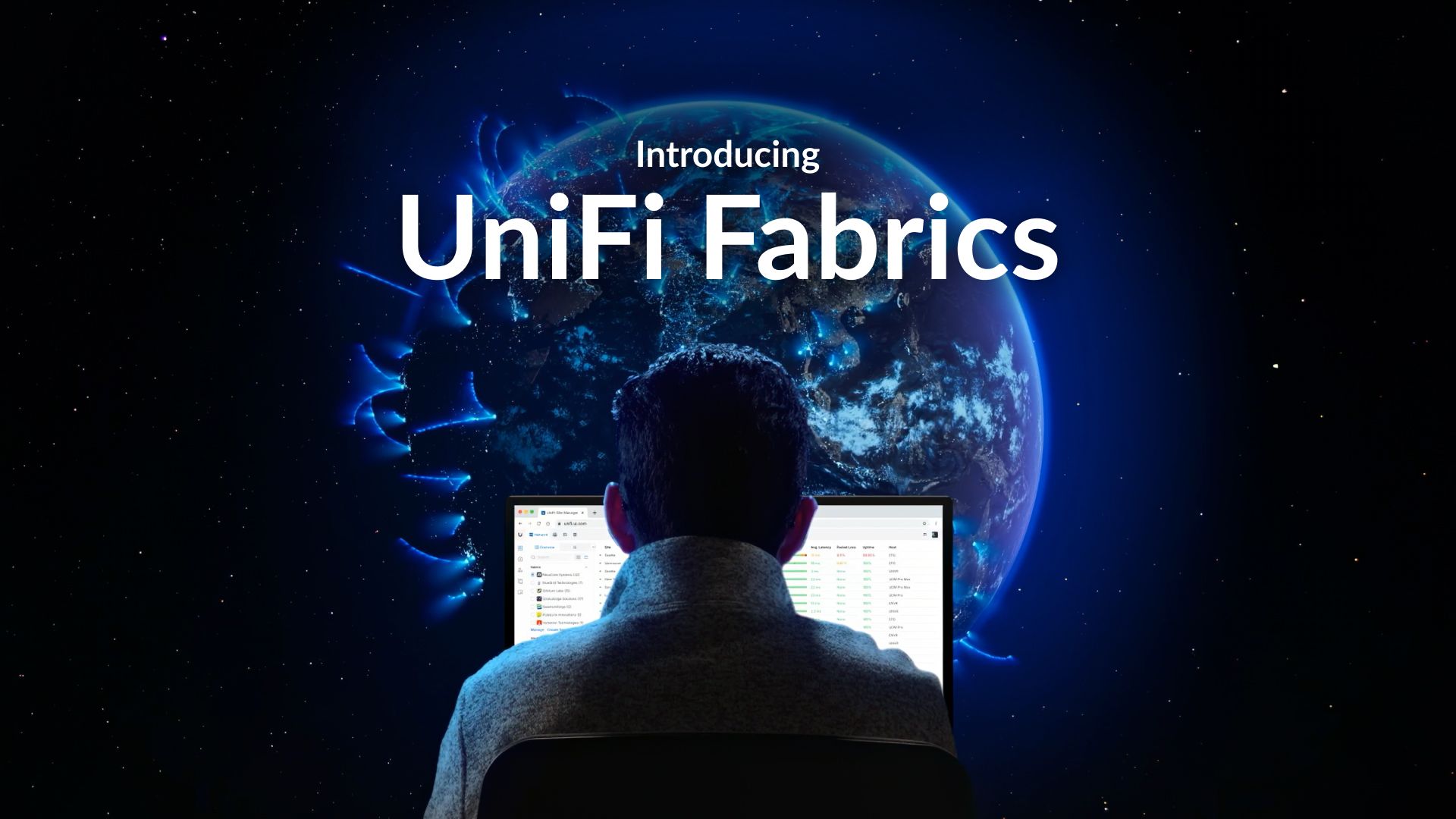 Ubiquiti UniFi Fabrics multi-site network management platform — IT administrator viewing centralized dashboard with real-time status, latency, and health metrics across multiple business locations from a single control panel