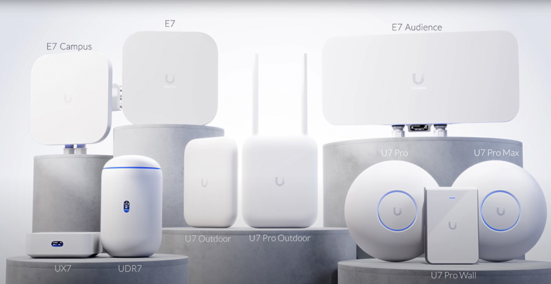 UniFi WiFi 7 access points — U7 Pro, U7 Pro Max, E7 Campus, and U7 Outdoor models — commercial-grade business wireless hardware installed by Alpine IT in Colorado Springs, CO